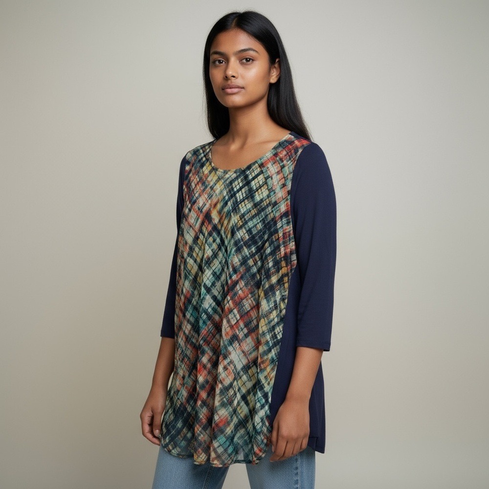 LOGO Lori Goldstein Sheer Abstract Plaid Chiffon Front 3/4 Sleeve Tunic Top XL